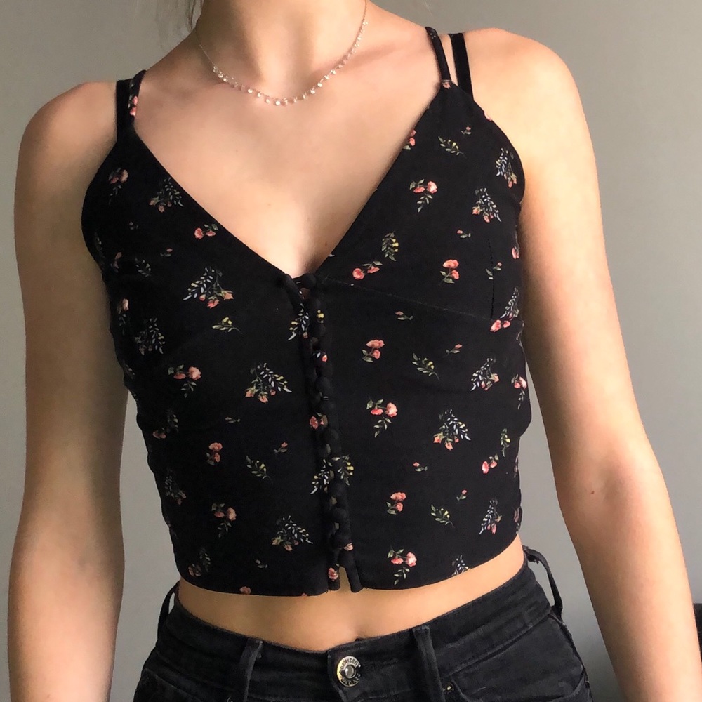 button up black floral tank top